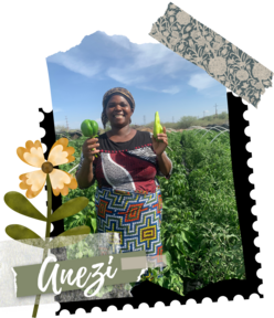 New Roots farmer, Anezi, shows off her freshly grown peppers.