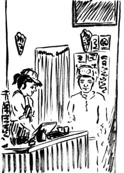 o	Afghan refugee at her first job, ready to take the order from the cashier