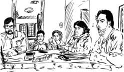 Lauren Poe and refugee family sit at table, meeting with IRC