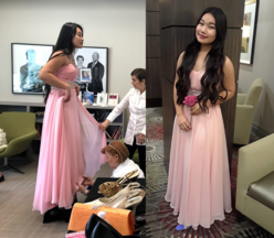 Left: Paw Lweh getting fitted for her dress. Right: Paw Lweh at her JROTC ball.