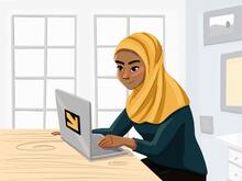 Illustration einer Frau am Schreibtisch bei der Computerarbeit