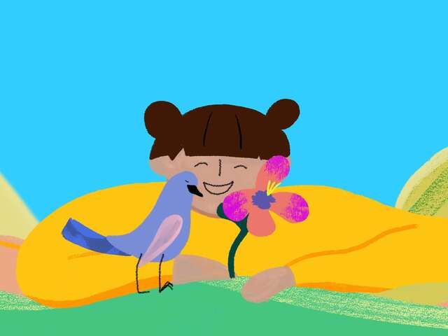 A happy girl with a bird and flower