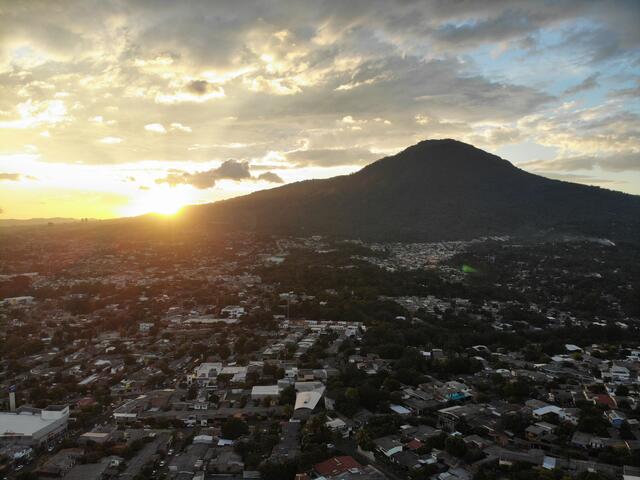 An aerial view of San Salvador, El Salvador and its volcano