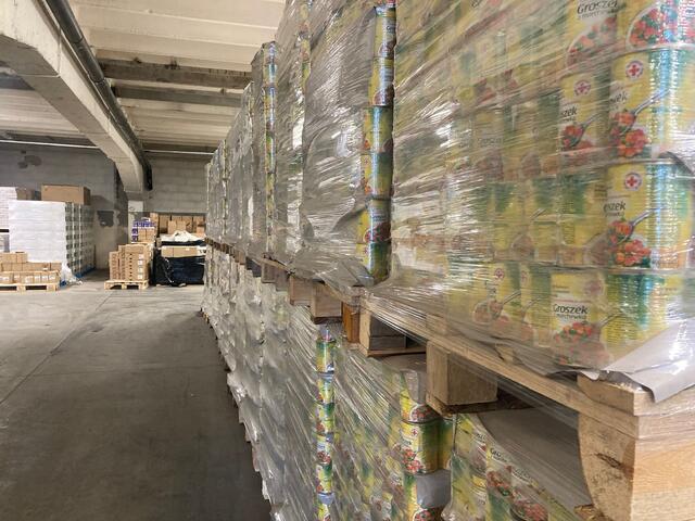 A warehouse with canned food that will be delivered to Ukraine