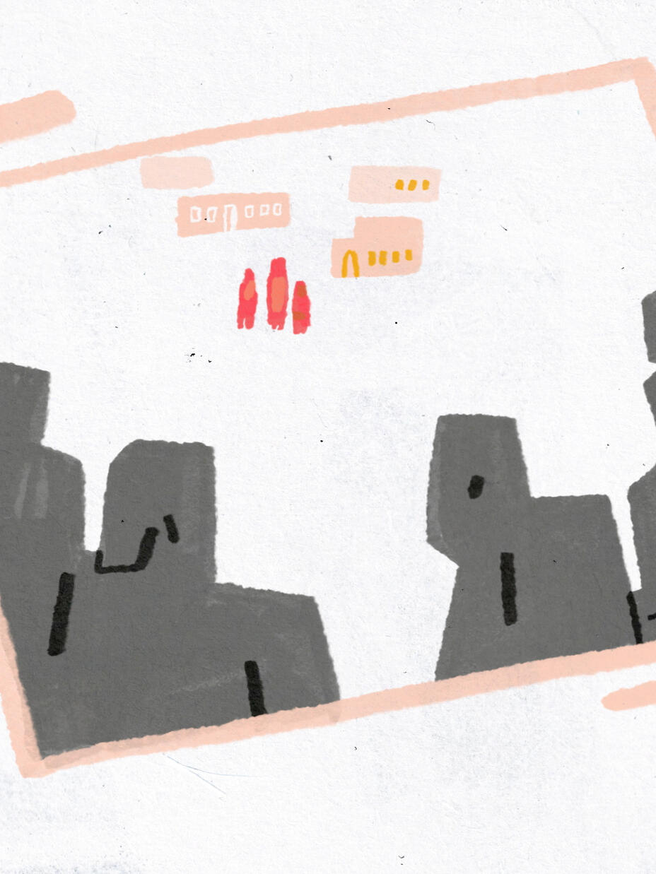 In the foreground, large shadowy figures watch young girls in the distance go to school