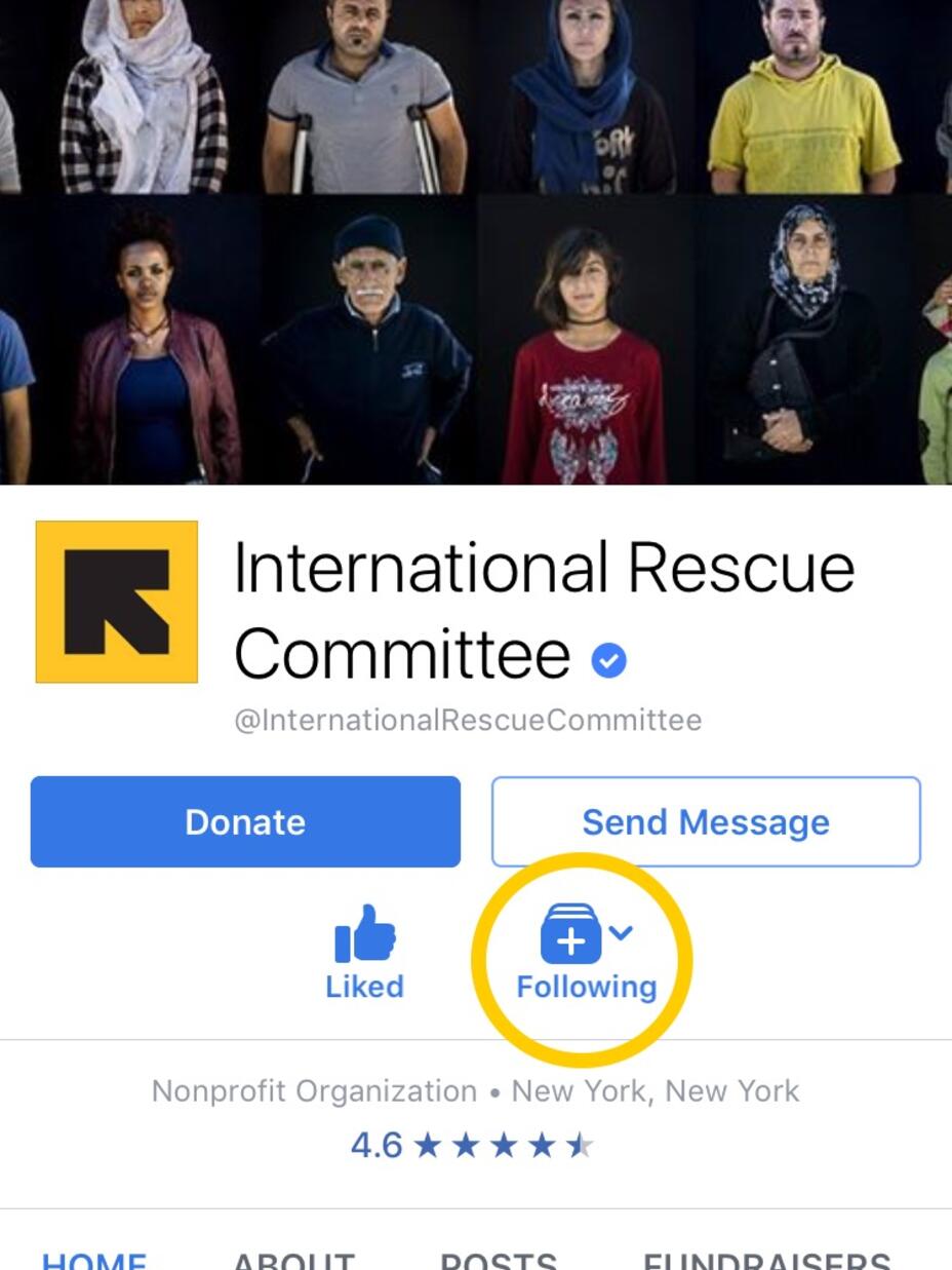 International Rescue Committee Facebook page as seen on a mobile device