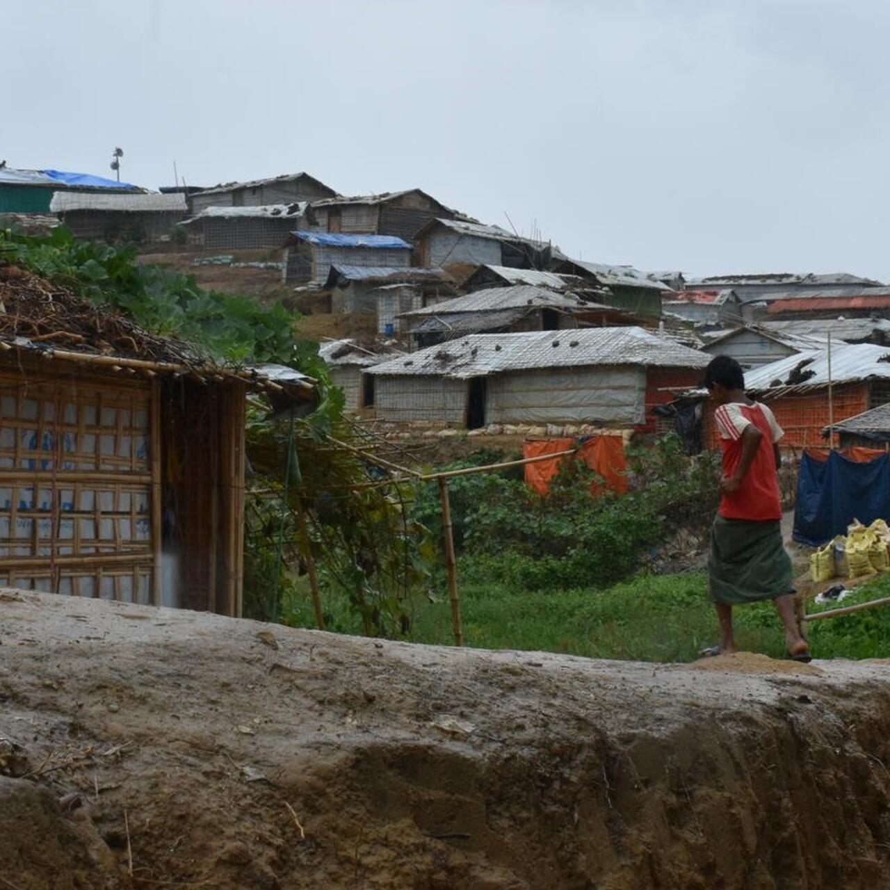 Two boys in front of a village