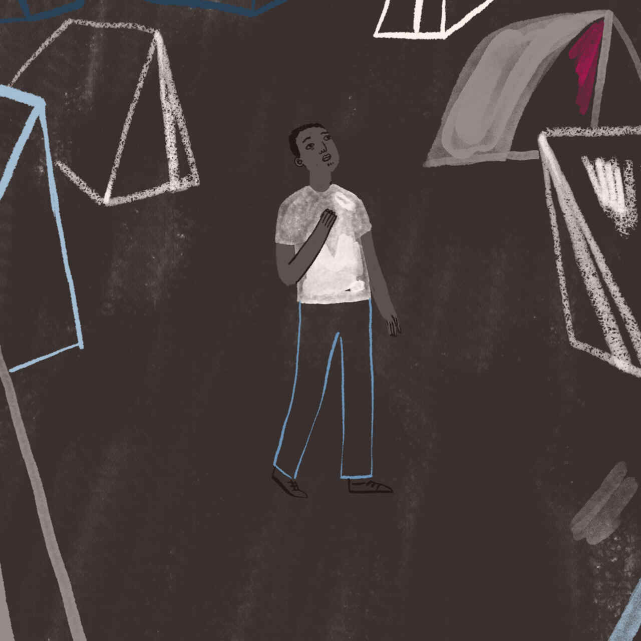 Jocie Juritz illustration about the mental health crisis on the Greek islands -- Baimba's story