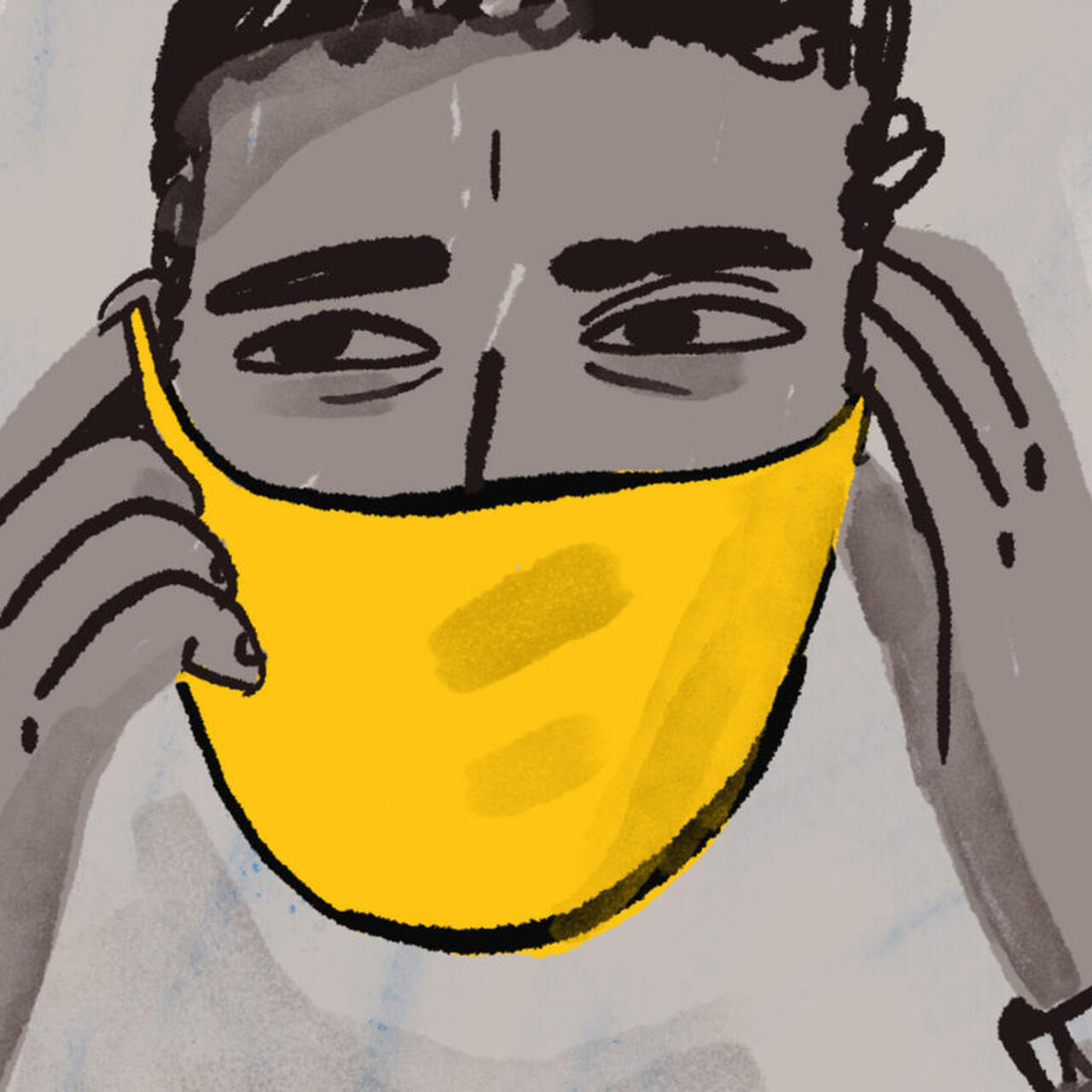 llustration: Hassan trägt einen gelben Mund-Nasen-Schutz