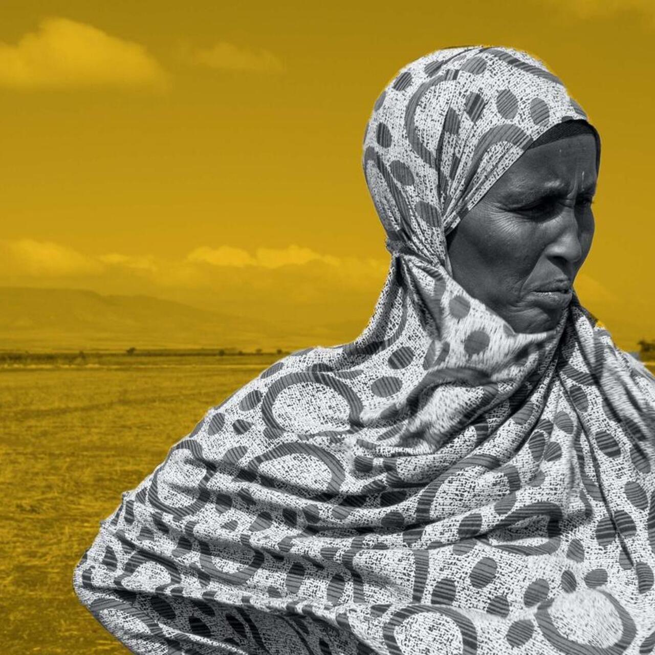 Kvinna står vid ett fält i Etiopien - Etiopien som är med på RESCUEs lista över de kriser som världen bör hålla extra koll på 2021