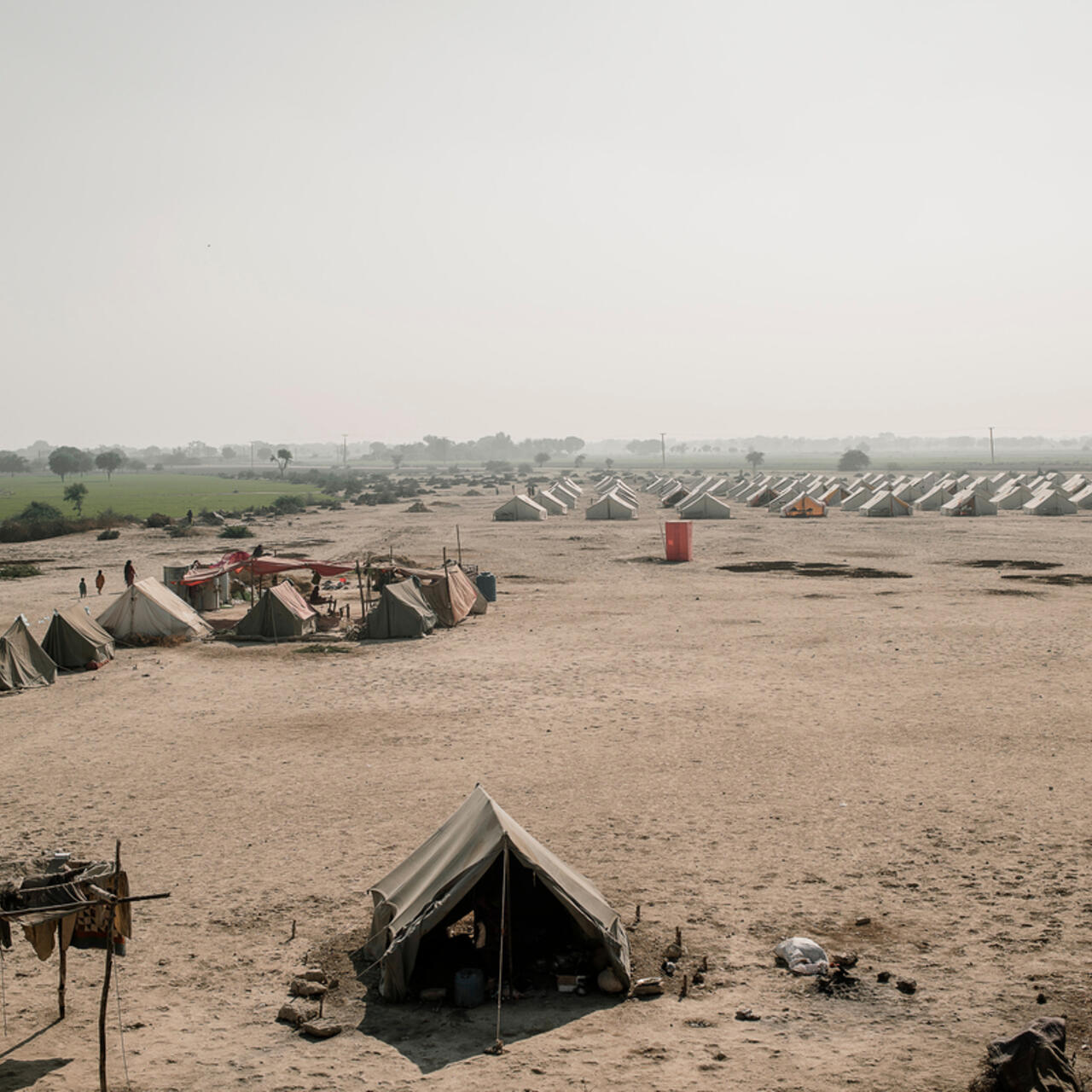 RESCUE:s tältläger (till höger) utanför Dadu. I november bodde omkring 6 miljoner människor i tält efter att ha tvingats på flykt av översvämningarna.