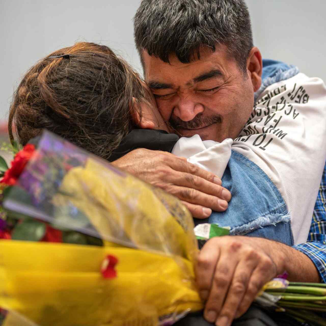 Collage of refugees smiling and embracing after reuniting