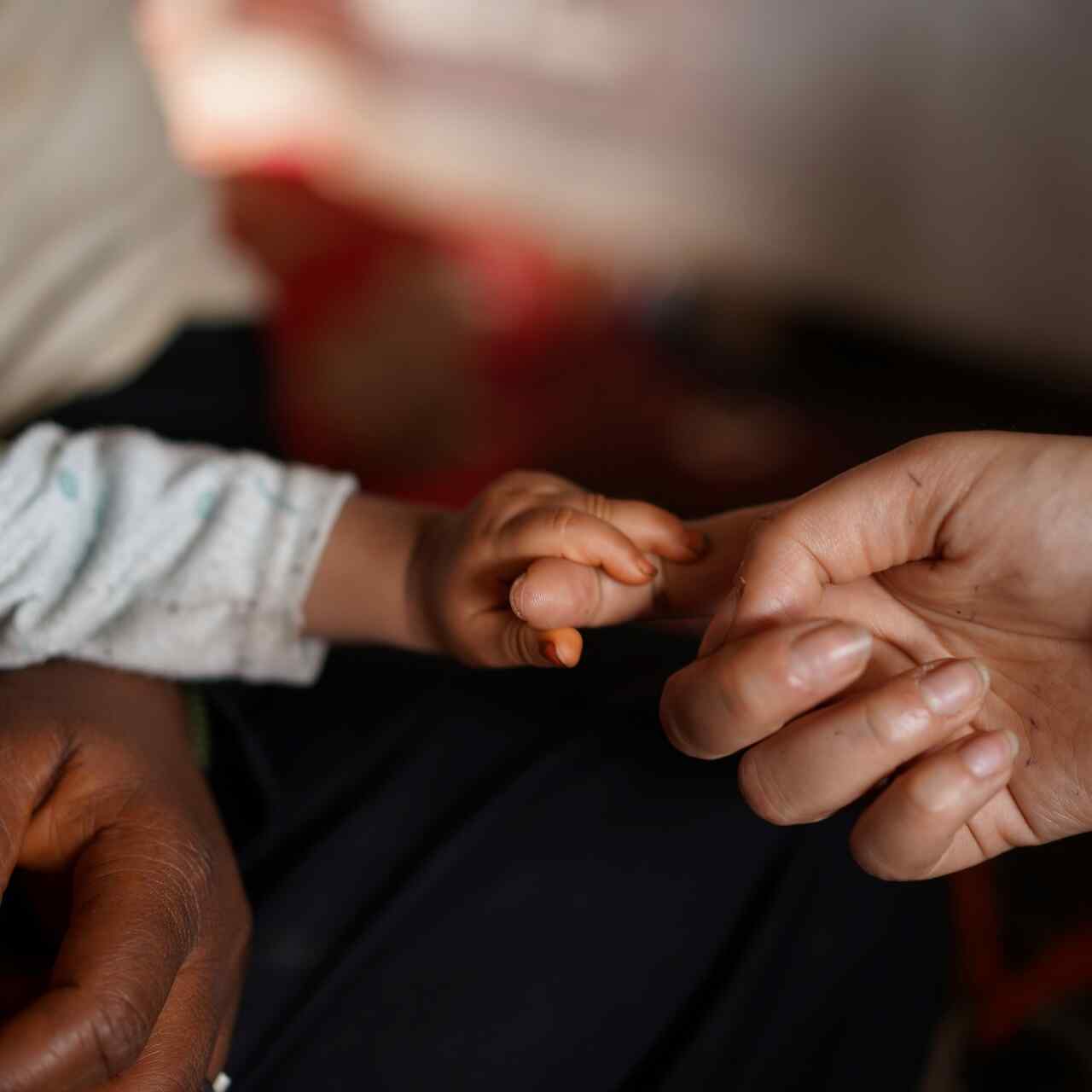 An adult hand holding a small baby hand
