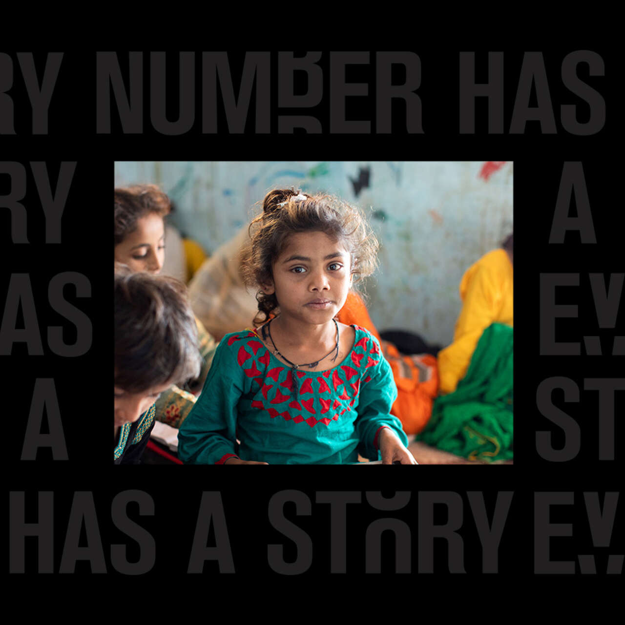 Various people who have been forced to flee their homes. At the center is a young girl looking straight at the camera.