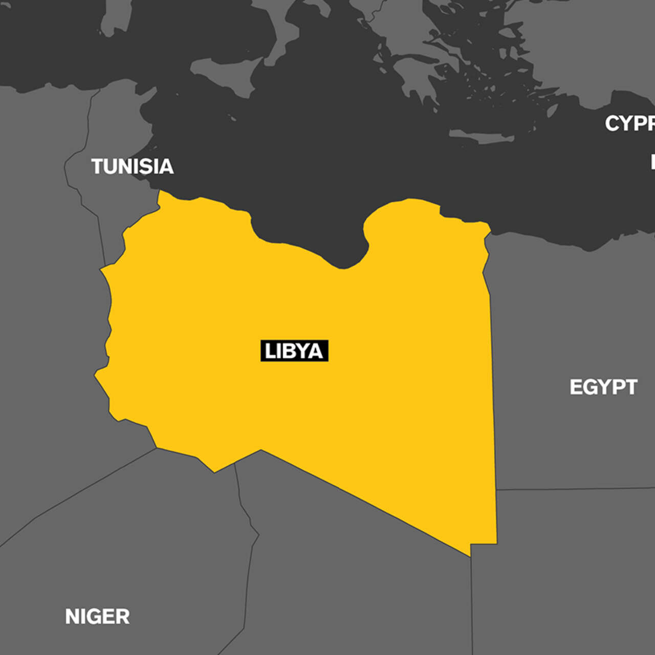 A map which highlights the country of Libya in yellow.