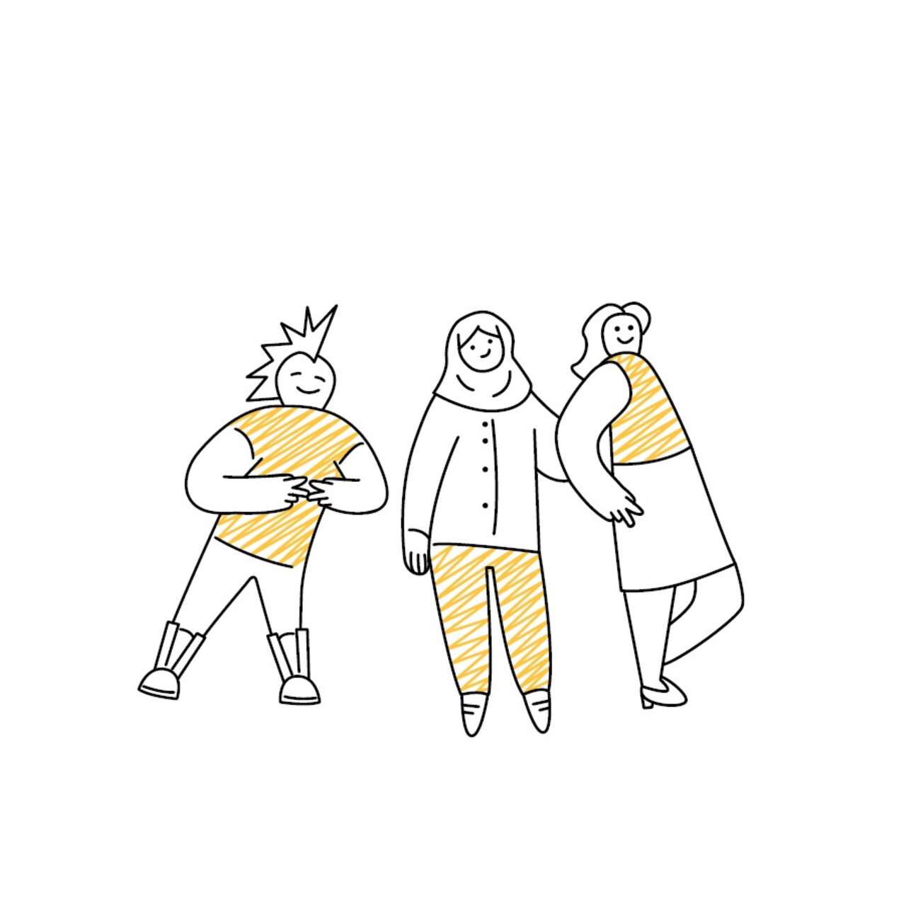 Minimalistische Illustration von drei Personen mit gelben Akzenten