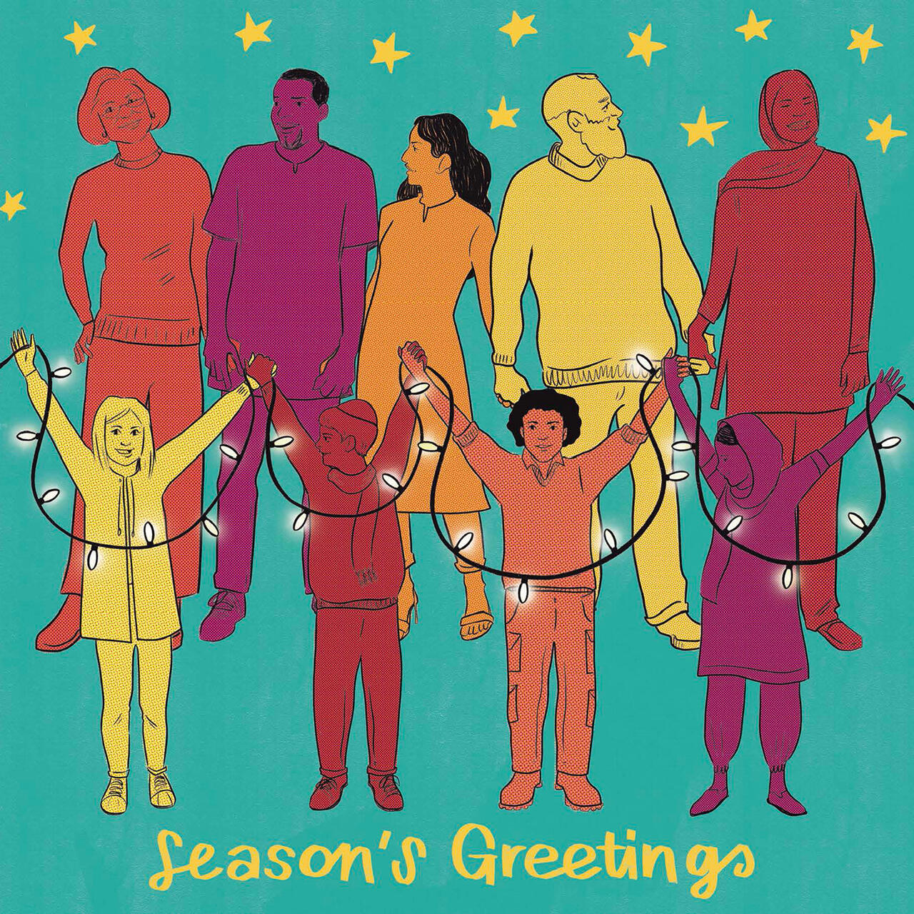 The illustration shows adults and children of different ages, colours and genders laughing and enjoying themselves.