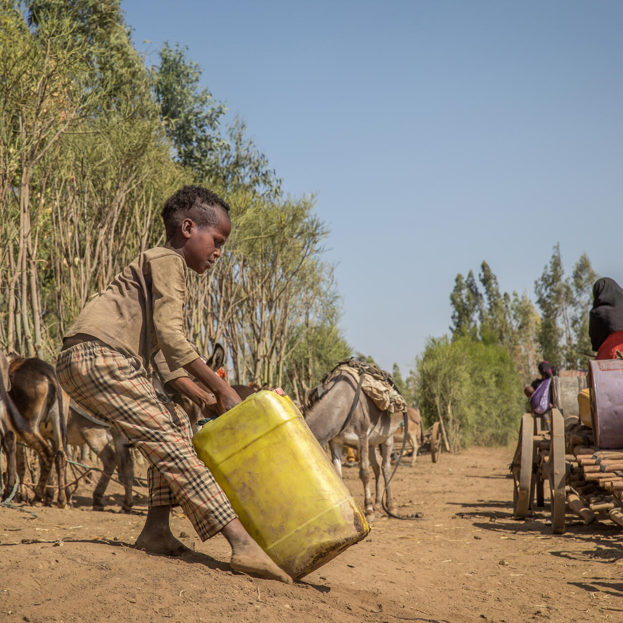 Small boy carries a yellow water container