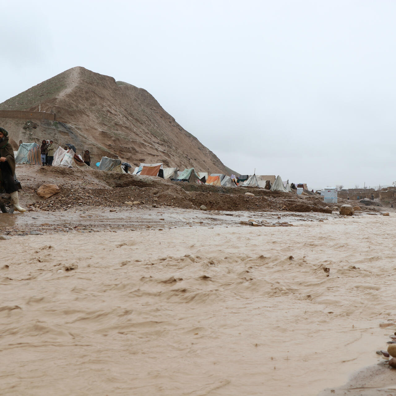 Flood waters surging past a makeshift camp in Afghanistan as floods continue to devastate communities across the country.