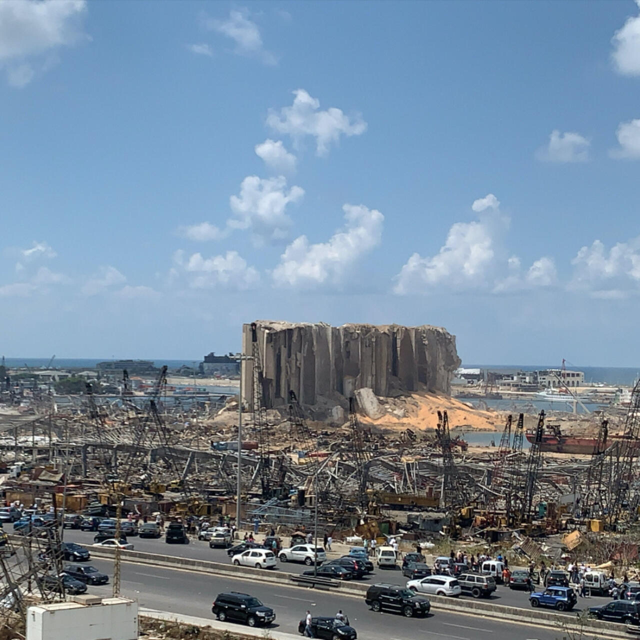 Destroyed buildings and grain siloes at the port of Beirut, Lebanon in the wake of the August 4, 2020 explosion
