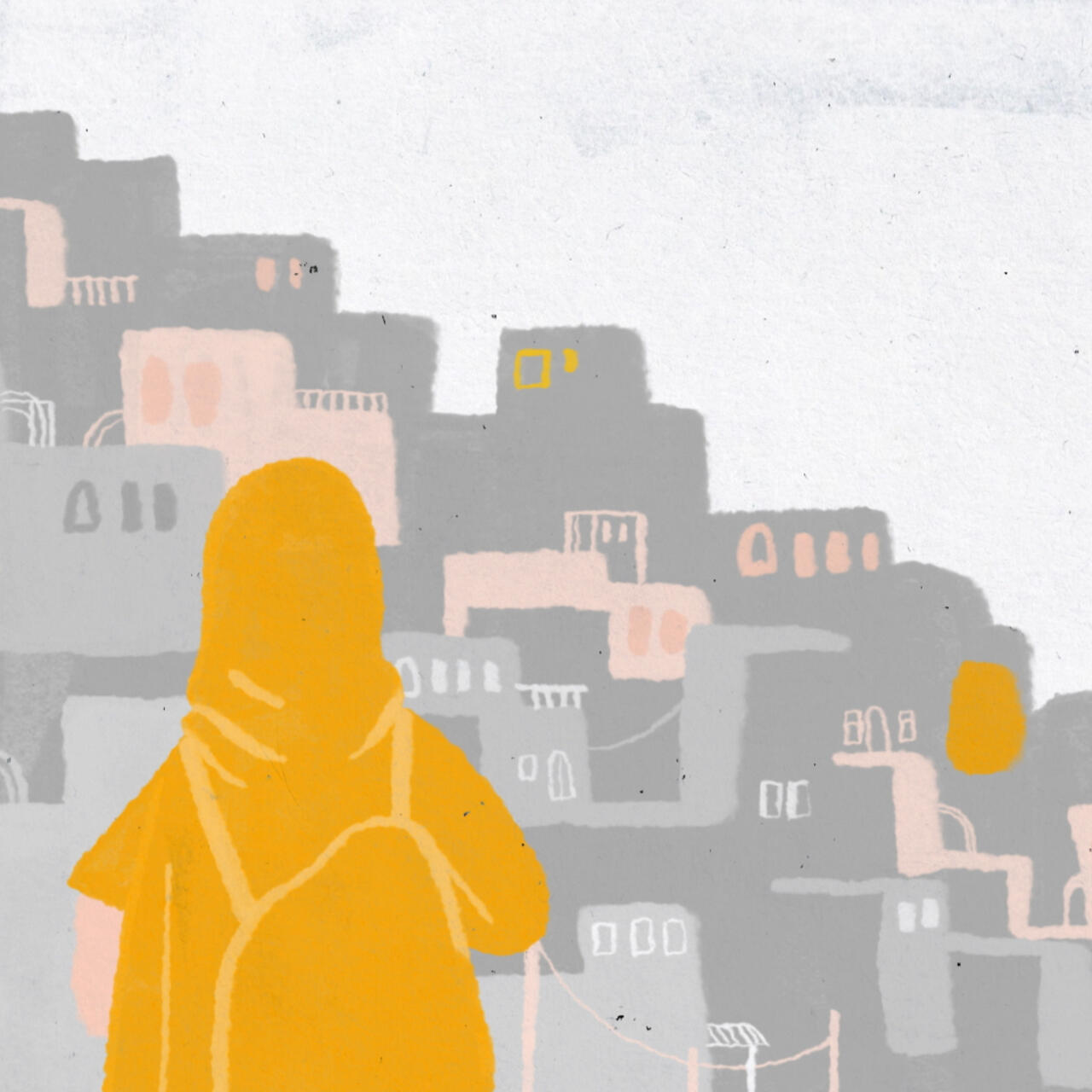 An animation of an Afghan teenage girl, in a yellow silhouette with a city skyline in the background.
