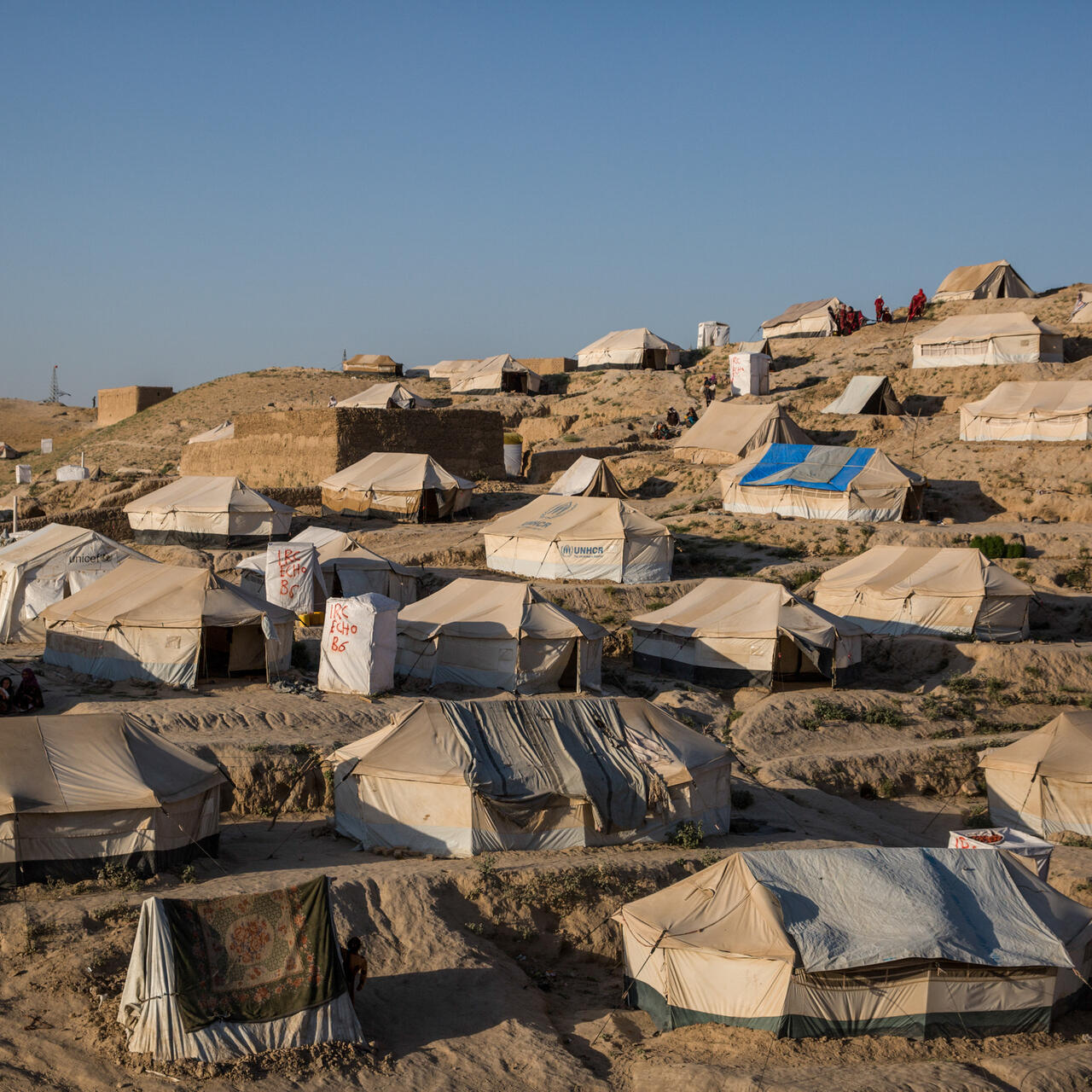 View of a tent camp in Badghis, Afghanistan, where Afghans displaced by drought are now living in dry, dusty conditions.