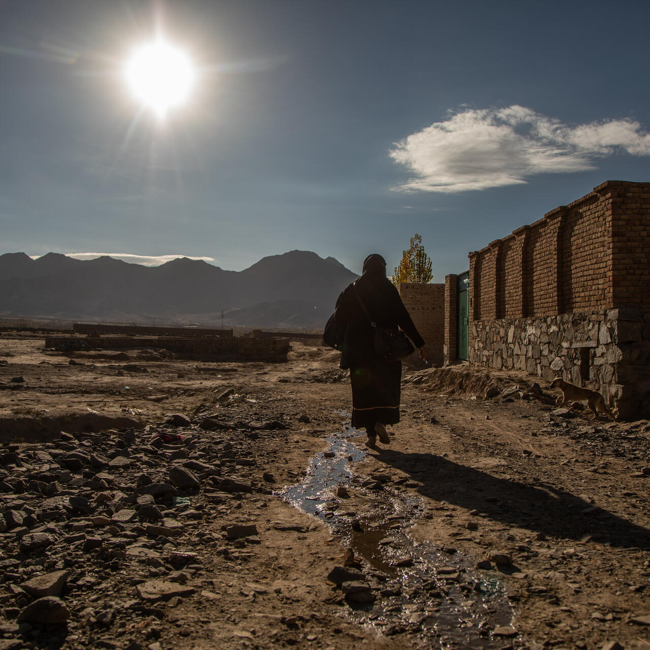 An Afghan aid worker is silhouetted against bright sunlight as she walks to a home in a village in a rocky landscape.