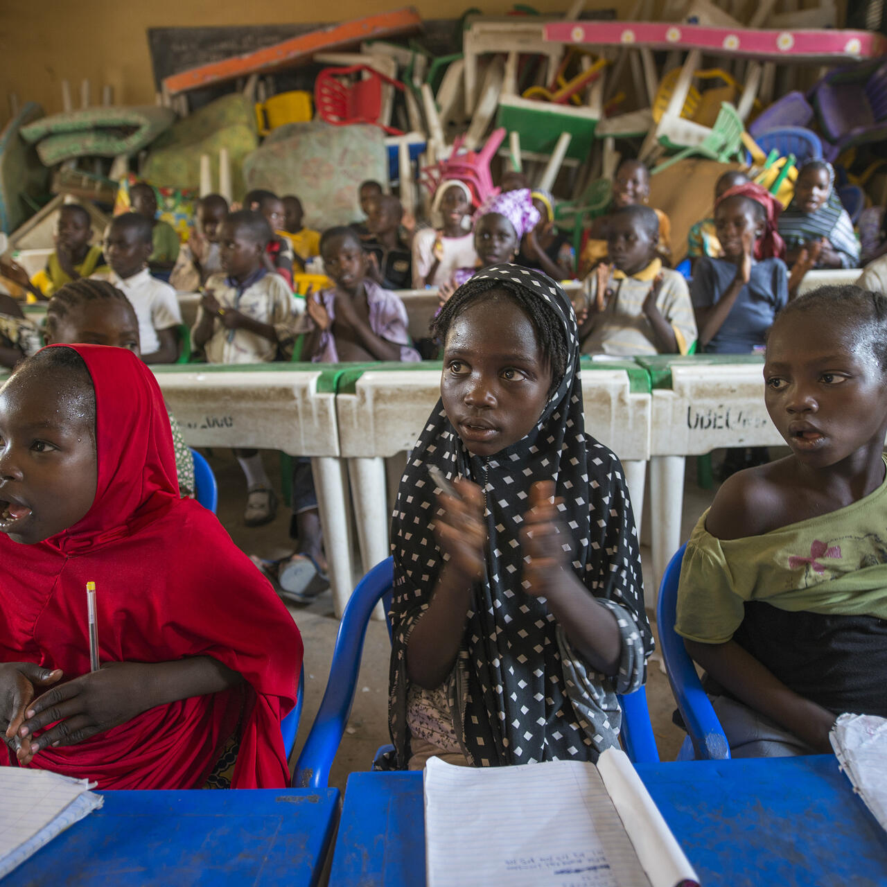 Children take part in an IRC-organized math class in a displacement camp near Yola, Nigeria.
