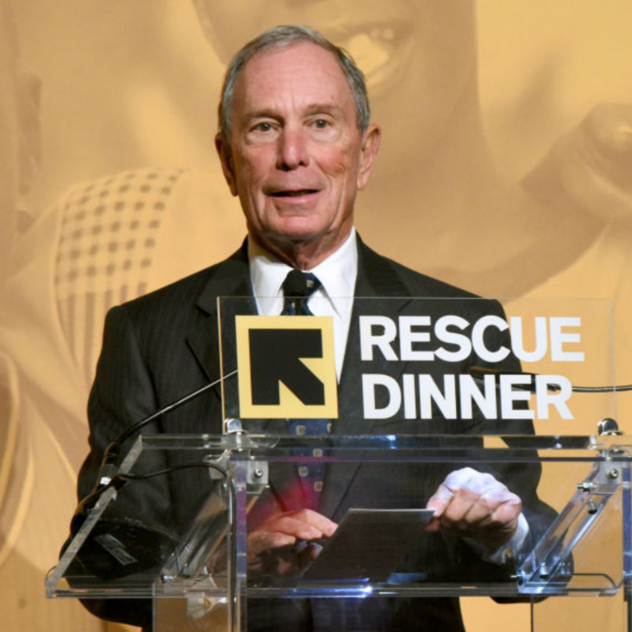 Michael Bloomberg at the podium, accepting the IRC's 2017 Rescue Dinner in New York on Nov 2, 2017