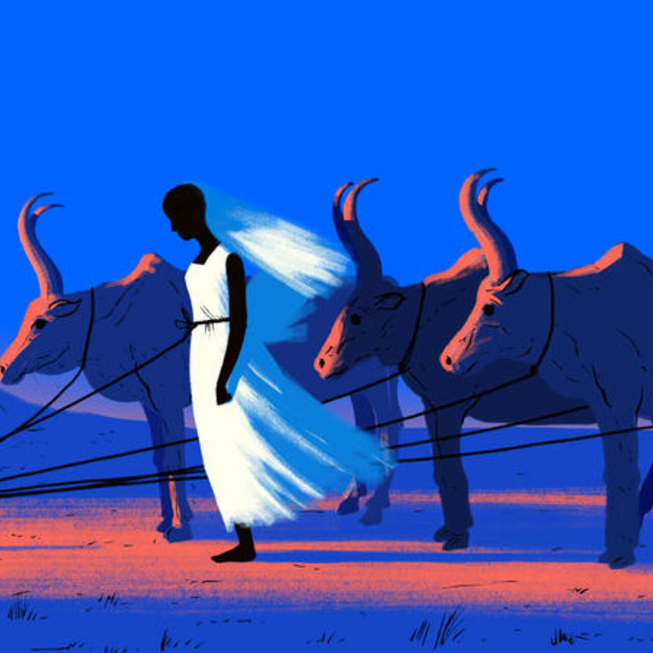 Illustration of  a girl standing tethered alongside cattle