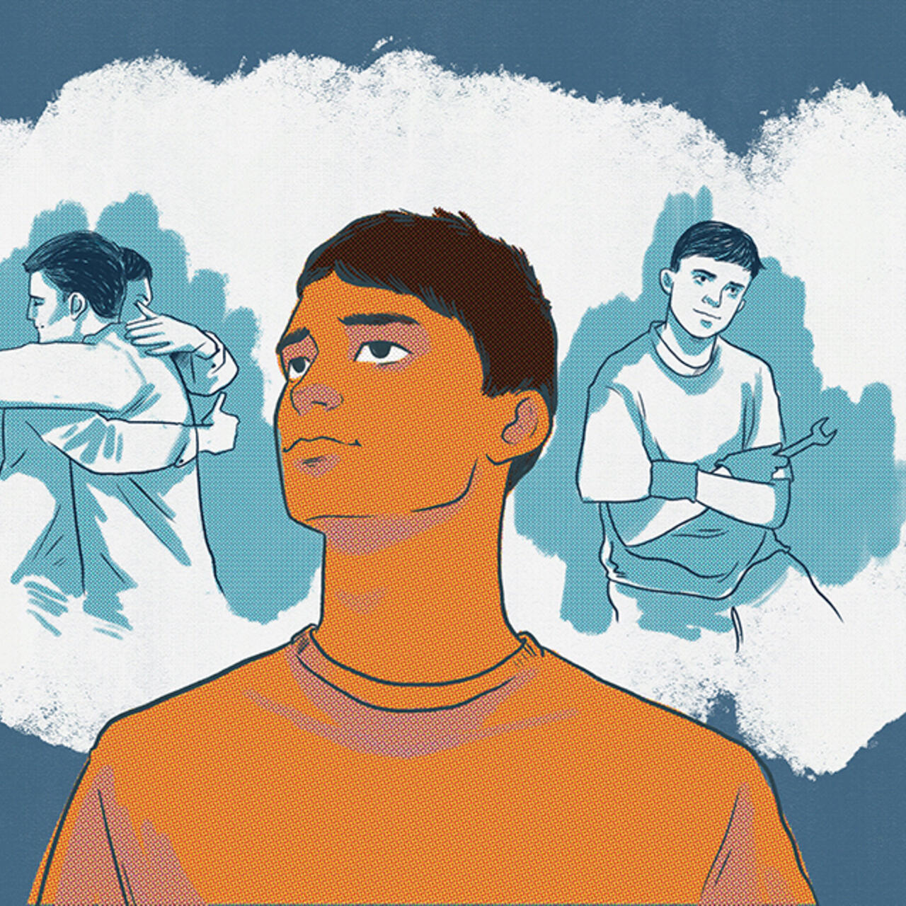 Illustration by Ada Jusic of Ali dreaming about his future with his uncle and as a mechanic.