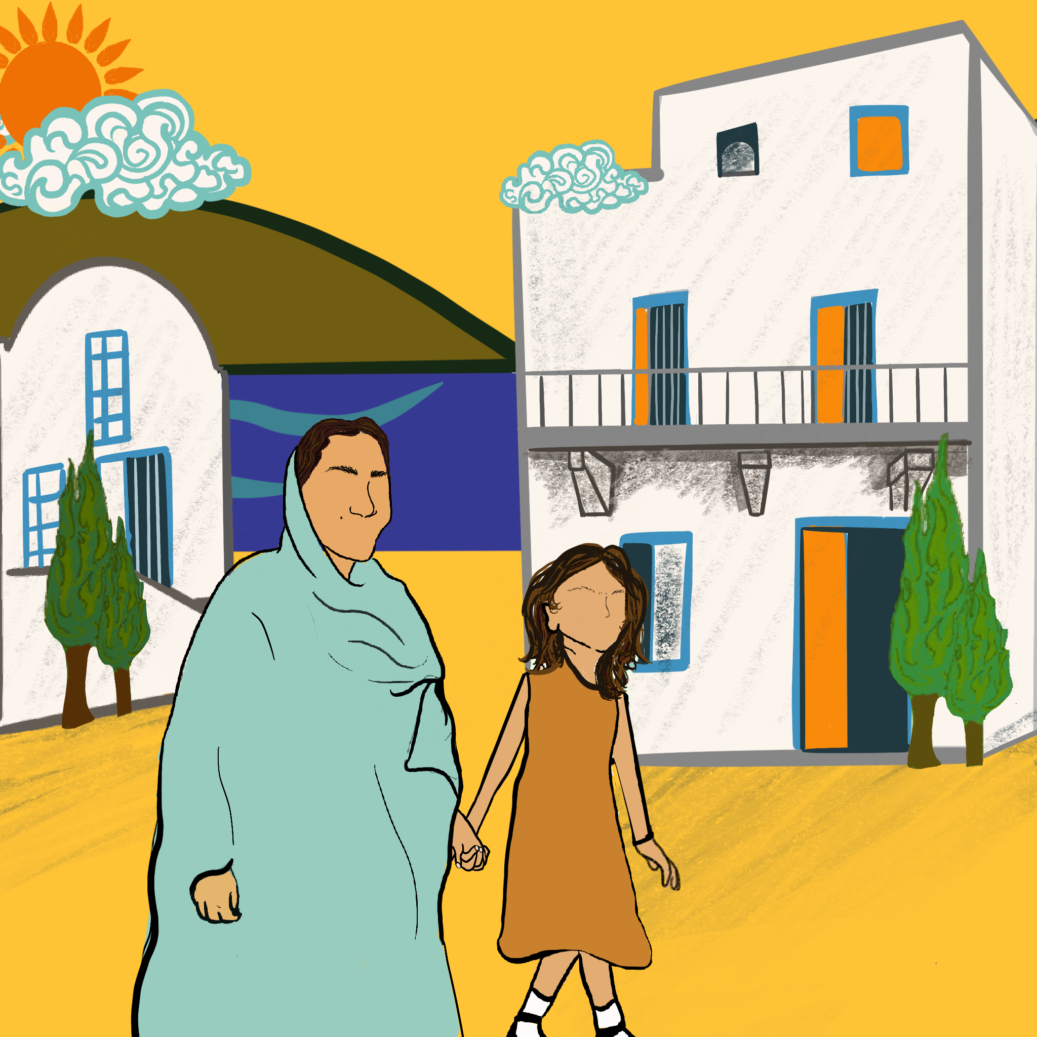 Illustration of Mojdeh and her daughter in front of a house