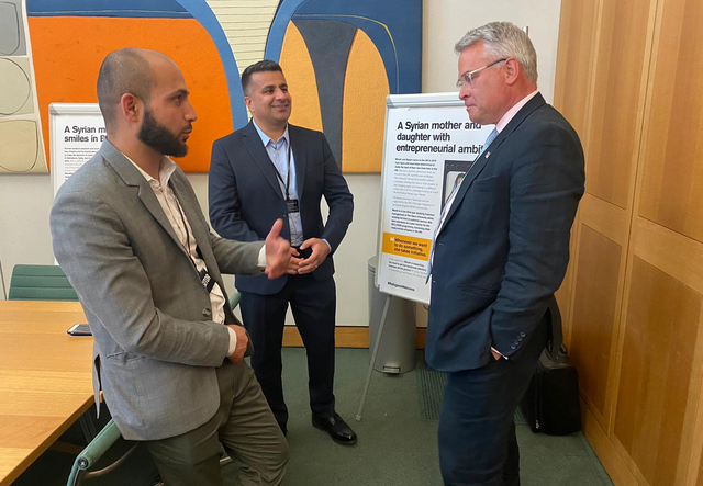 IRC clients Nasi Loodin and RISE Integration Manager Wali Ahmadzai speak with MP Tim Loughton about why investing in refugee resettlement and integration is so important