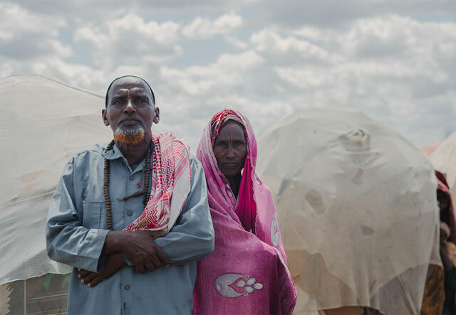 Mohamed Hassan, 71, and Madina Omar, 70, traveled from Dusta, 100 km from the Daryel Shabellow IDP camp. According to Medina, the couple hasn't had any rain for four years, which has caused all of their crops to perish.