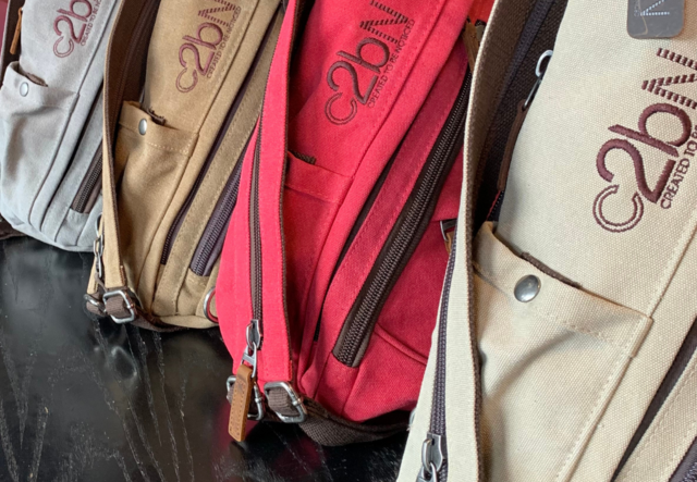 A collection of Created 2 Be Noticed backpacks, in colors grey, tan, hot pink, and white.