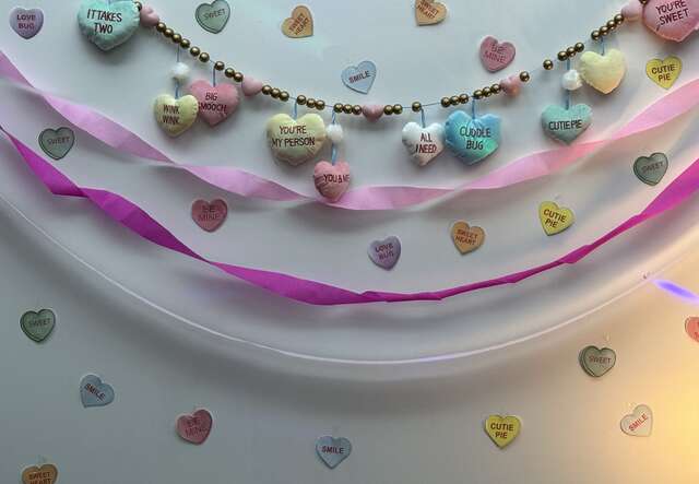 Valentine's day decorations set up by the casework team