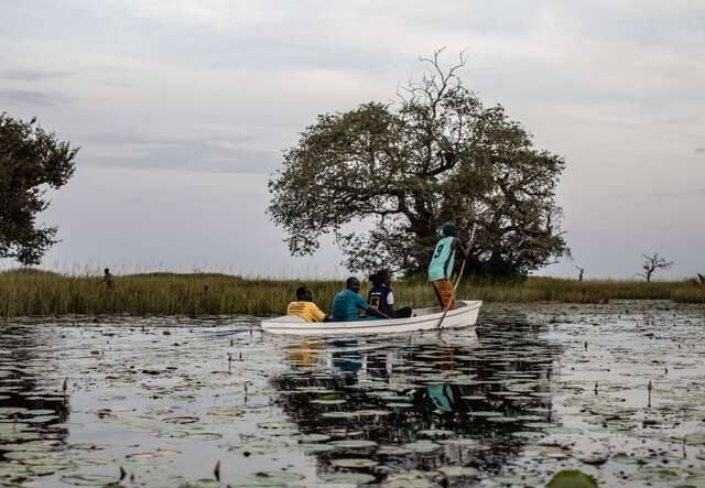 Boot mit Personen auf ruhigem Gewässer vor Bäumen und Schilf.