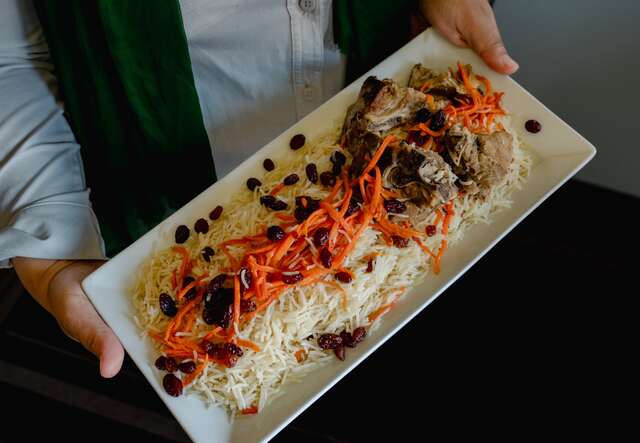 A plate of Kabuli pulao, a traditional Afghan food.