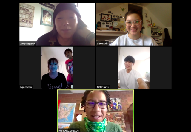 Zoom screen of four teenagers and a youth instructor.