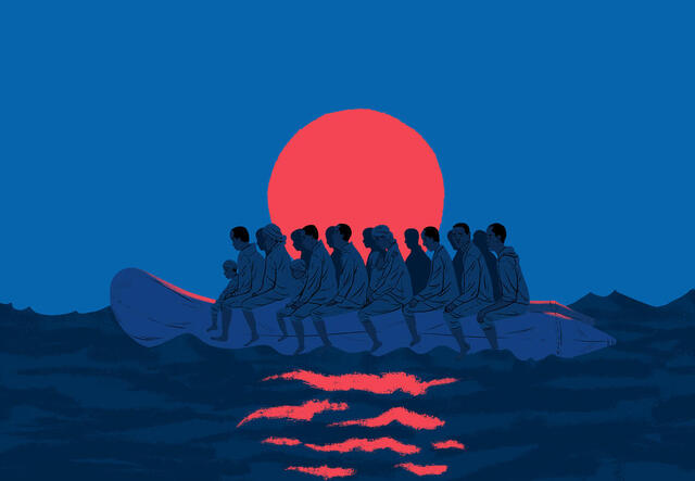 People sit on a raft in the Mediterranean sea. They cramped and very close to one another. There is a big moon behind them.