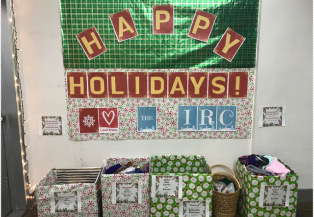 A picture of distribution items set up at the IRC in NY office in different stations.