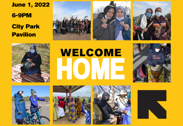 A collage on a yellow background advertising the Welcome Home 2022 fundraiser event. There are photos of different refugee women, the time, location, and date in the top left corner, and the IRC symbol in the bottom right corner.