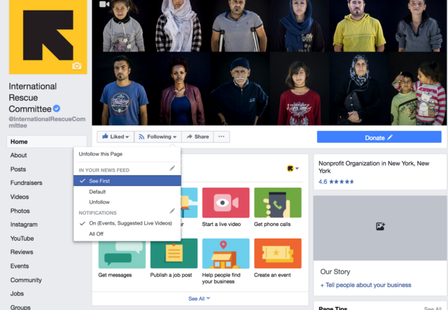 Screenshot of the International Rescue Committee Facebook page on a desktop computer