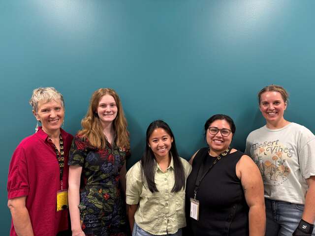Yda Smith dressed in red to the left with four female Occupational Therapy students framed on a teal background.