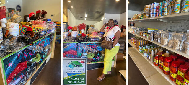 IRC Client stands inside store showcasing the African products she sells.