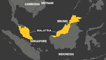 A map which highlights the country of Malaysia in yellow.