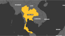 A map which highlights the country of Thailand in yellow.