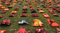 Life jackets on display in Parliament square, London to concide with UN Summit on Refugees and Migrants in New York.