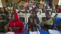 Children take part in an IRC-organized math class in a displacement camp  near Yola, Nigeria.