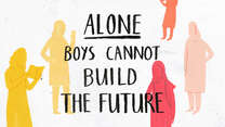 Animation of Afghan school girls with the text Alone Boys cannot build the Future